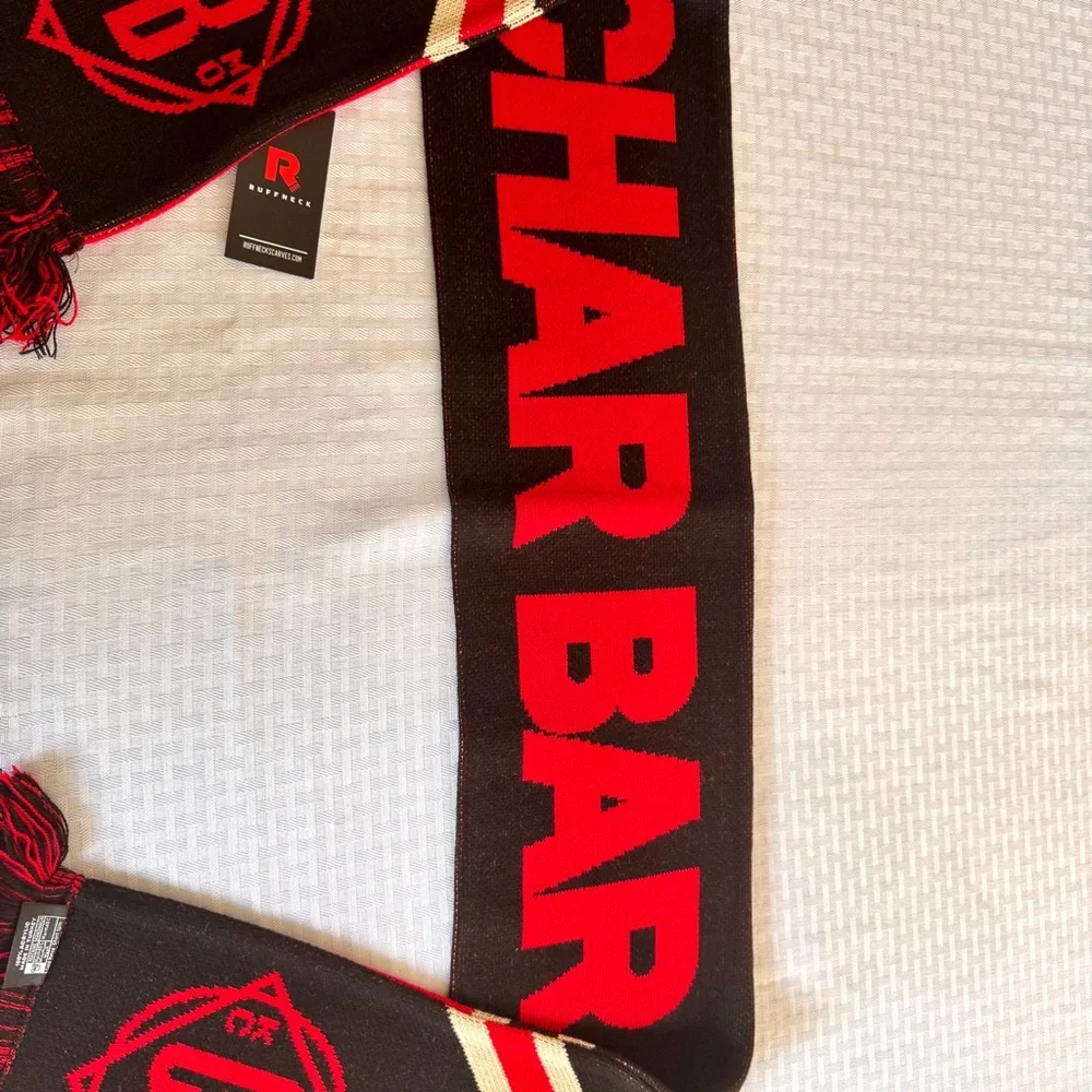 Ruffneck CHAR BAR KC Scarf Black‎ Red Fringe Soccer-Style Acrylic NWT